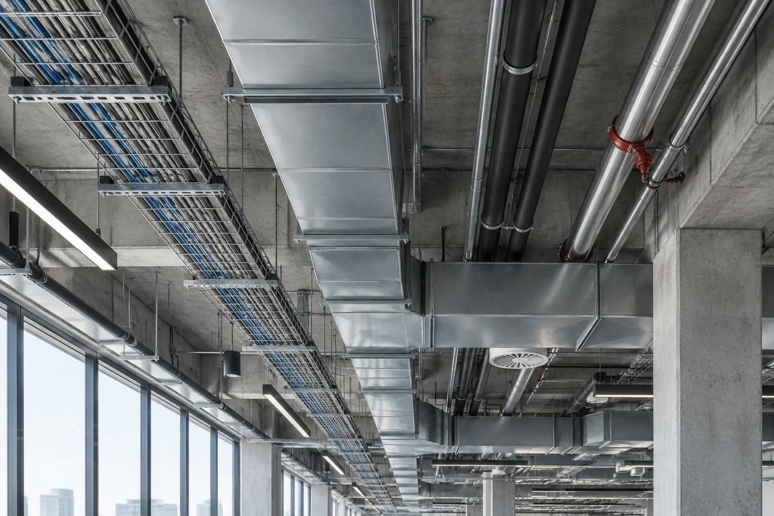 Illustrative concept of coordinated exposed ducts, cable containment and pipework above a commercial interior.