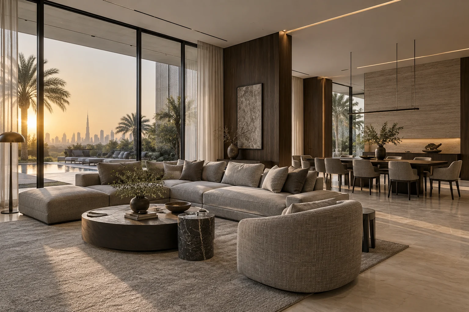 Illustrative concept of a modern UAE villa living and dining room with walnut finishes, shaded glazing and integrated lighting.